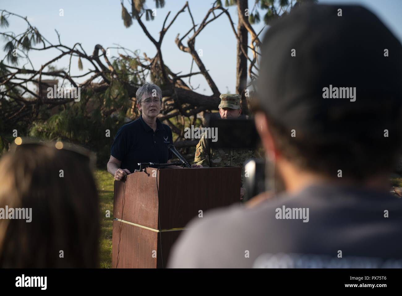 Secretary of the Air Force Heather Wilson speaks with local media during a press conference at Tyndall Air Force Base, Florida, Oct. 14, 2018, October 14, 2018. Air Force senior leaders toured Tyndall Air Force Base to assess the damage from Hurricane Michael, one of the most intense tropical cyclones to ever hit the U.S. (U.S. Air Force photo by Senior Airman Joseph Pick). () Stock Photo