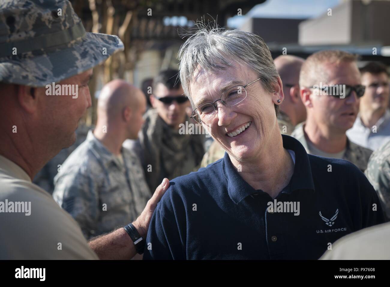 Secretary of the Air Force Heather Wilson speaks with Airmen at Tyndall Air Force Base, Florida, Oct. 14, 2018, October 14, 2018. Air Force senior leaders toured Tyndall Air Force Base to assess the damage from Hurricane Michael, one of the most intense tropical cyclones to ever hit the U.S. (U.S. Air Force photo by Senior Airman Joseph Pick). () Stock Photo