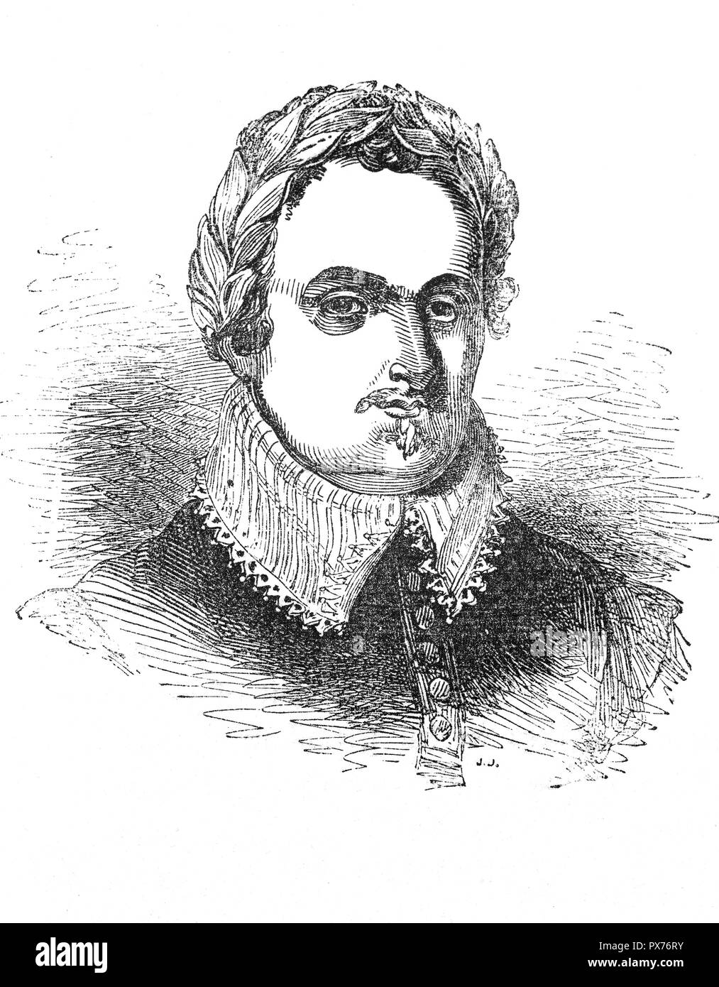 Michael Drayton (1563-1631), born at Hartshill, near Nuneaton, Warwickshire, England, was an English poet who came to prominence in the Elizabethan era to rank only slightly below Sir Philip Sidney, Edmund Spenser, and Ben Jonson.  Although Drayton often lacks dramatic power and intellectual depth, he has been rightly praised for his versatility, narrative skill, and insight into character. His work reflects the many poetic fashions of the day. He died in London in 1631 and was buried in Westminster Abbey. Stock Photo