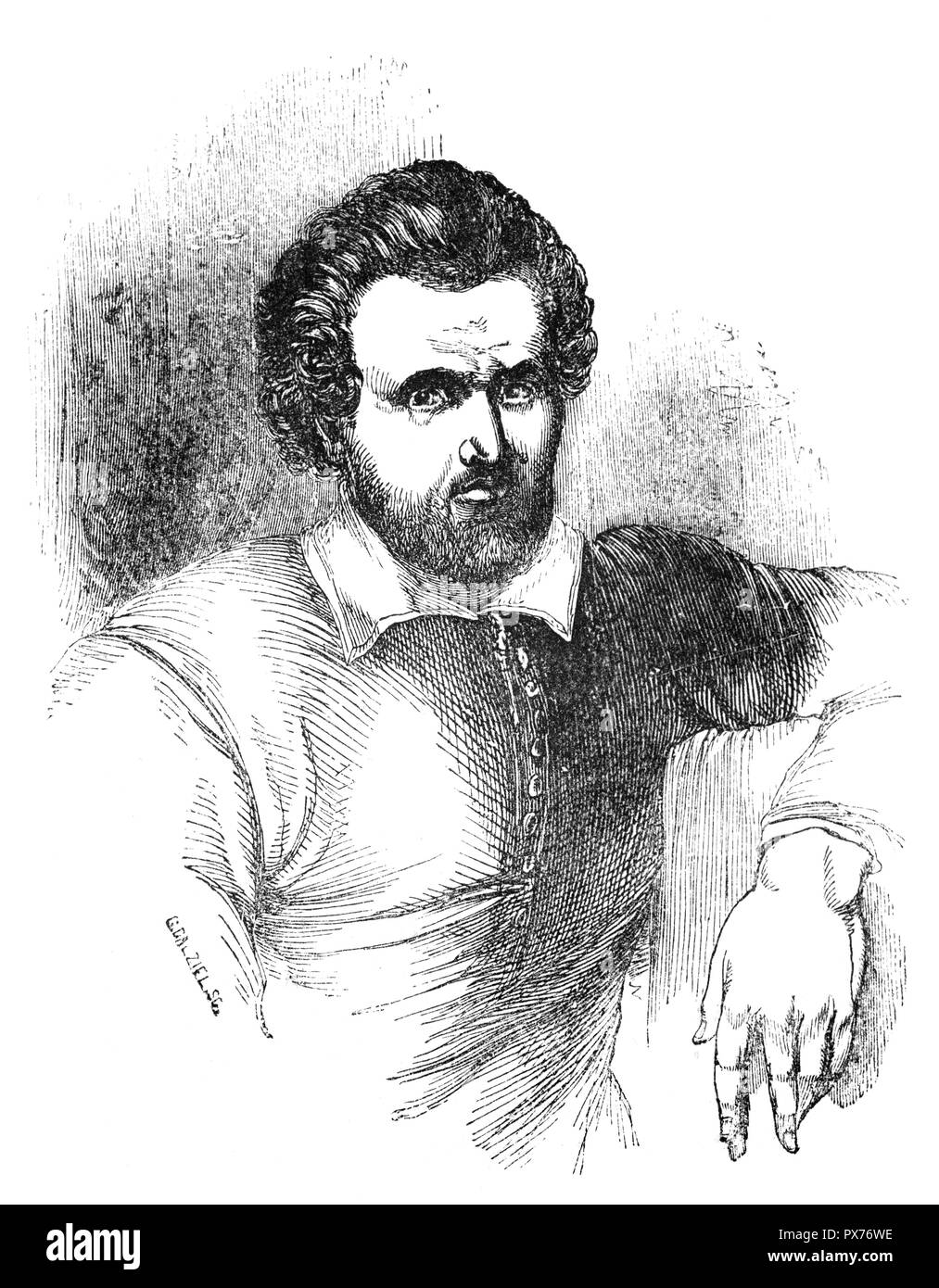 Benjamin Jonson (1572-1637) was an English playwright, poet, actor, and literary critic, whose artistry exerted a lasting impact upon English poetry and stage comedy. He popularised the comedy of humours and is best known for the satirical plays Volpone and The Alchemist (1610) and for his lyric and epigrammatic poetry. He is generally regarded as the second most important English playwright during the reign of James VI and I after William Shakespeare. He died in 1637 and is buried in the north aisle of Westminster Abbey, with the inscription 'O Rare Ben Johnson' over his grave. Stock Photo