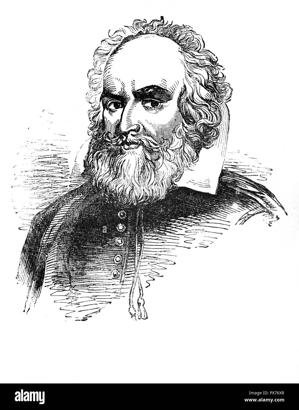 George Chapman (1559-1634), born in Hitchin, Hertfordshire, England was an English dramatist, translator, and poet. He was a classical scholar whose work shows the influence of Stoicism. Chapman has been identified as the Rival Poet of Shakespeare's sonnets by William Minto, and as an anticipator of the metaphysical poets of the 17th century. Chapman is best remembered for his translations of Homer's Iliad and Odyssey, and the Homeric Batrachomyomachia Stock Photo