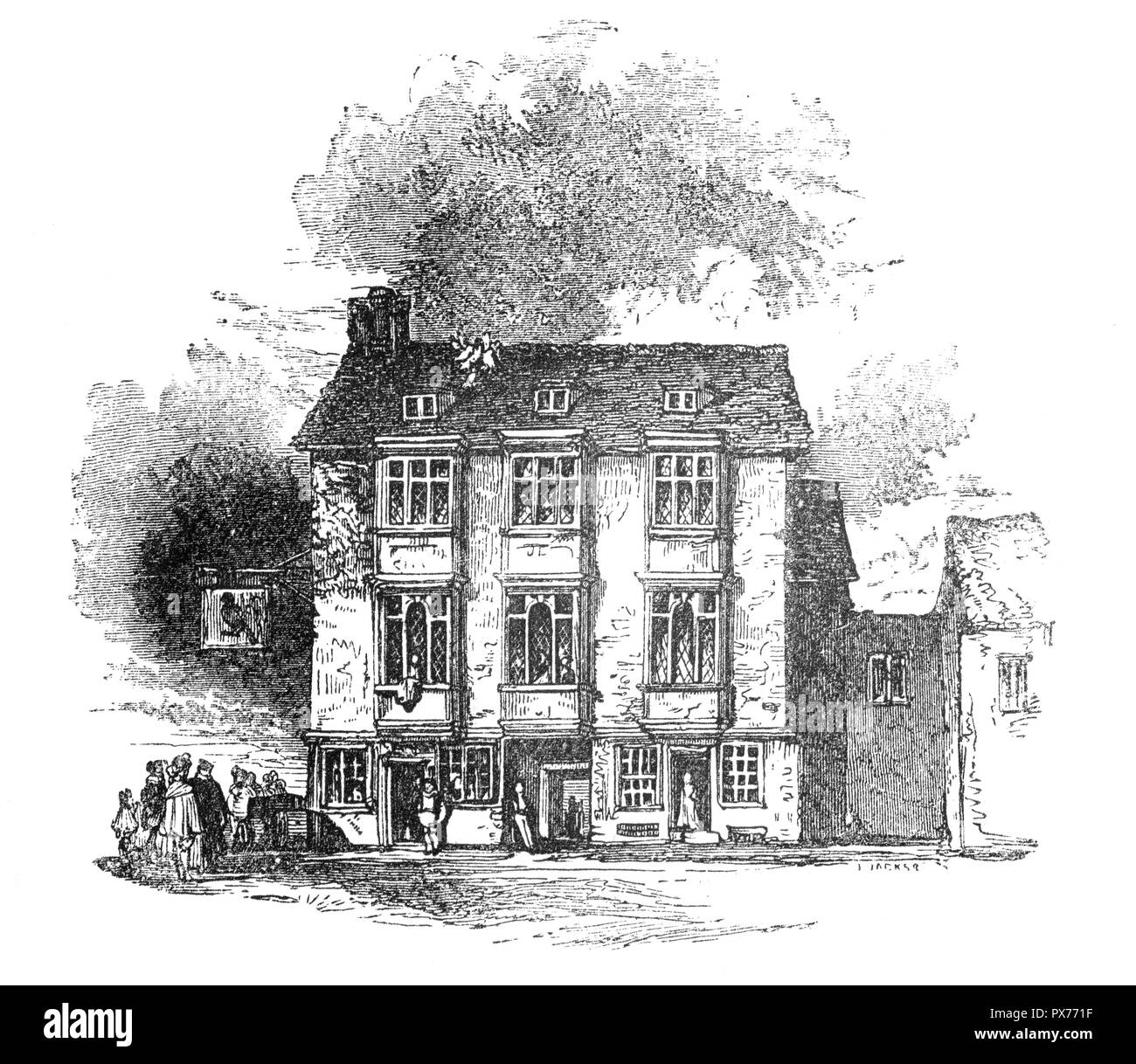 The Falcon Inn in Southwark, on the south bank of the Thames, London, England, was a house of great business and the place from whence coaches went to all parts of Kent, Surrey and Sussex.  The area was the entertainment centre of London during the Tudor and Stewart periods, every form of artistic pursuit, and vice, could be found here. Theatres such as the Rose, Swan, Globe and Hope sprang up  and playwrights of the stature of Marlowe and Shakespeare became celebrities and the Falcon became the daily resort of Shakespeare and his dramatic companions. Stock Photo