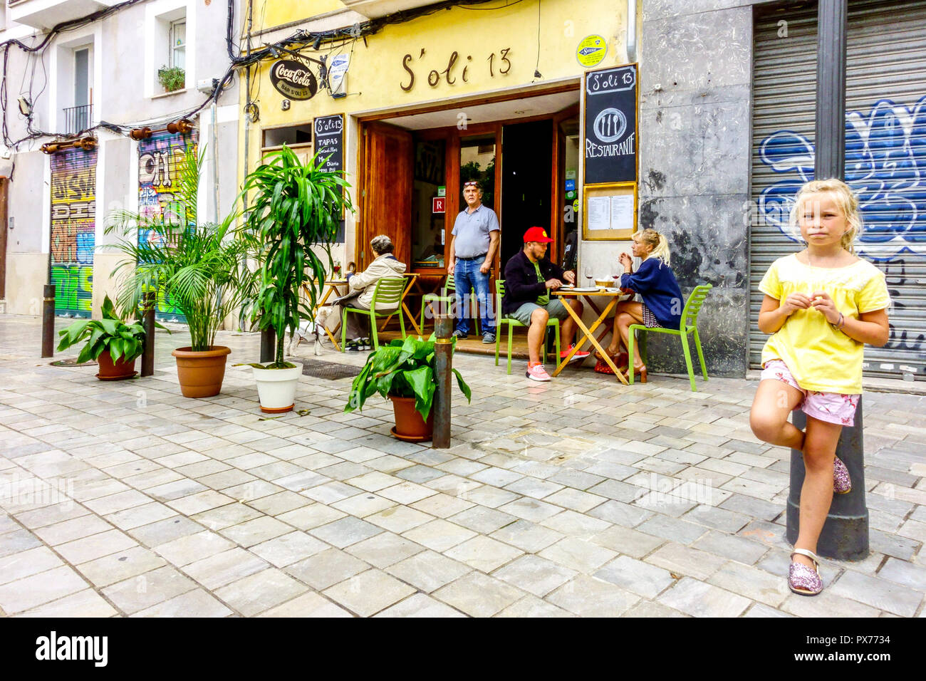 Palma de Mallorca cafe, sidewalk bar, Plaça Banc de l'Oli, Spain Stock Photo