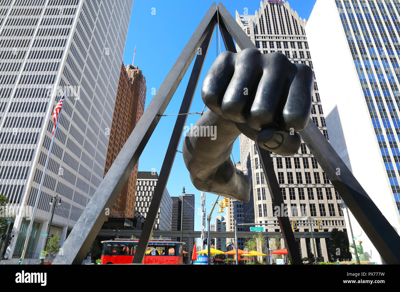 The Monument to Joe Louis, heavyweight champion 1937-50, known also as The Fist, the memorial to the boxer, on Woodward & Jefferson, in Michigan, USA Stock Photo