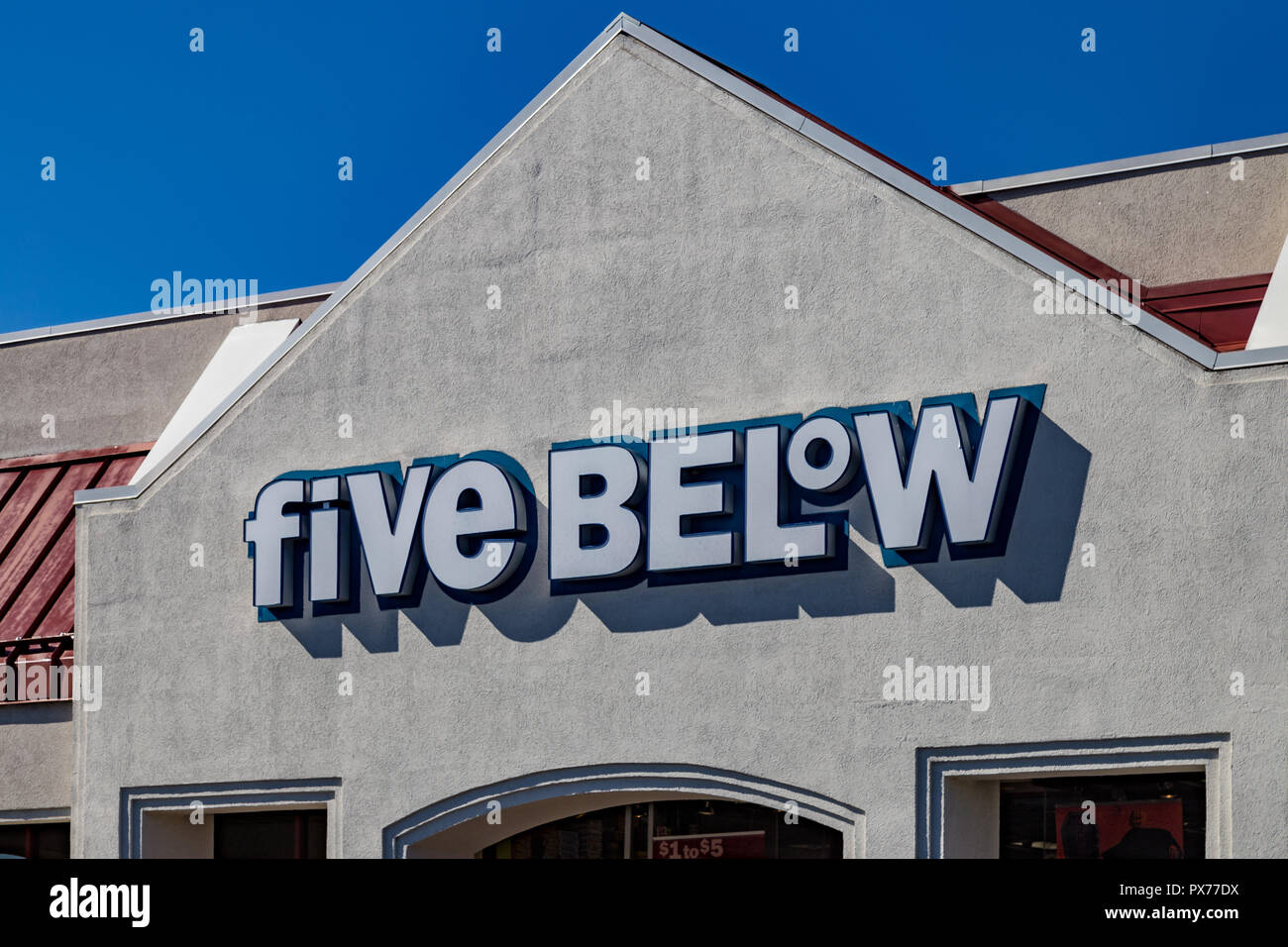 Lancaster, PA, USA - October 18, 2018:  Five Below is an American publicly held chain of discount stores with over 600 locations that sells products t Stock Photo