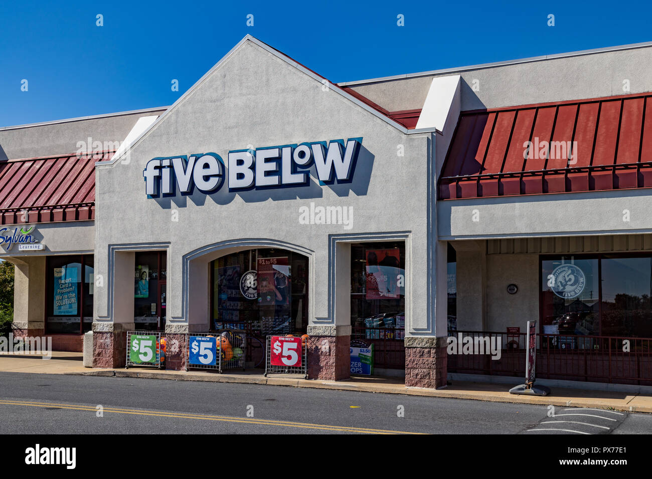 Lancaster, PA, USA - October 18, 2018:  Five Below is an American publicly held chain of discount stores with over 600 locations that sells products t Stock Photo