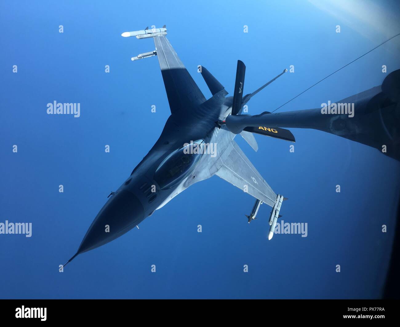 The boom of a KC135 from the 171st Air Refueling Wing, near Pittsburgh, transfers fuel to an F