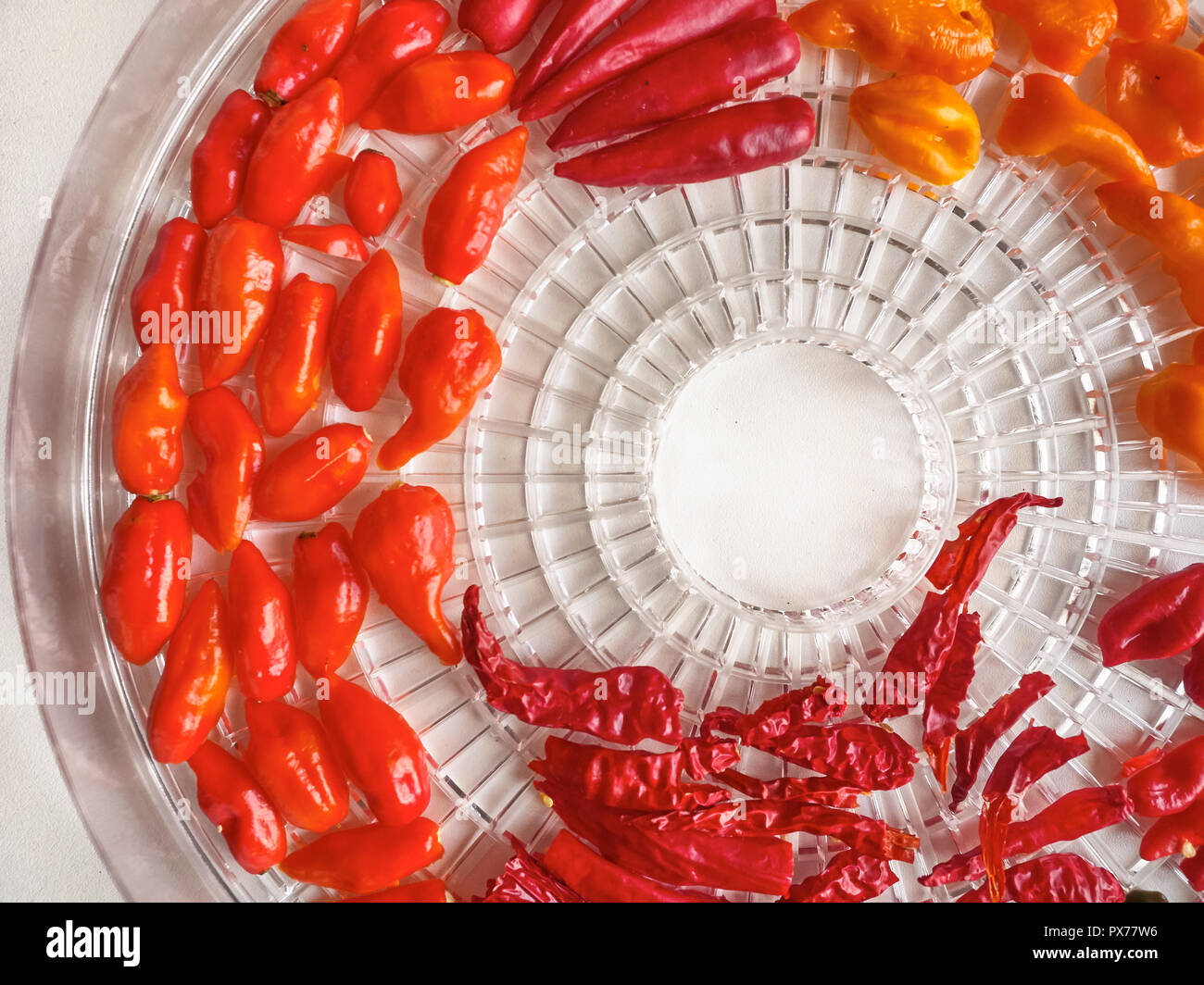 Shot of a mix of Habanero, Naga Morich and Cayenna peppers in a round