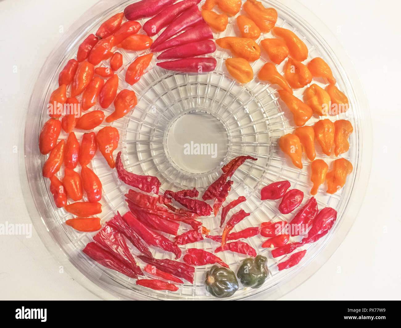 Shot of a mix of Habanero, Naga Morich and Cayenna peppers in a round