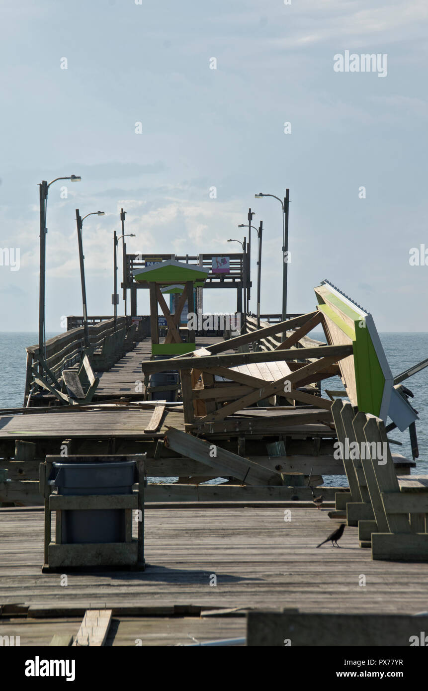 Some of the damage to the Bouge Inlet Fishing Pier from Hurricane Florence Stock Photo