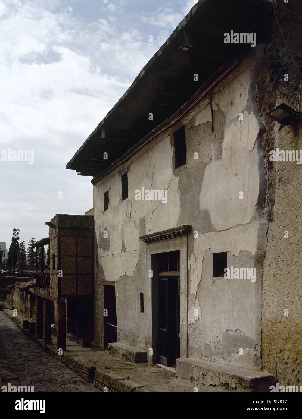 Herculaneum. Ancient Roman city destroyed because of the eruption of the Vesuvius at 79 AD. House of the Wooden Partition (Casa del Tramezzo di Legno), of Republican period. Italy. Stock Photo