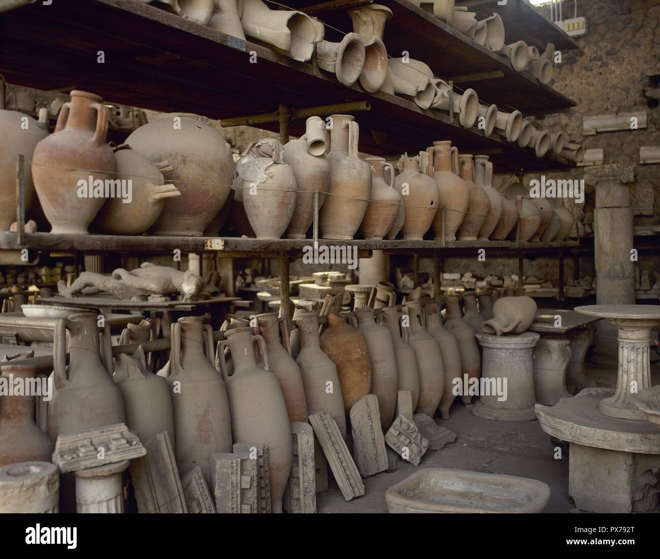 Antiquarium. Small museum with remains of city of Pompeii after the Vesuvius eruption. Amphoras. Pompeii. Italy. Stock Photo