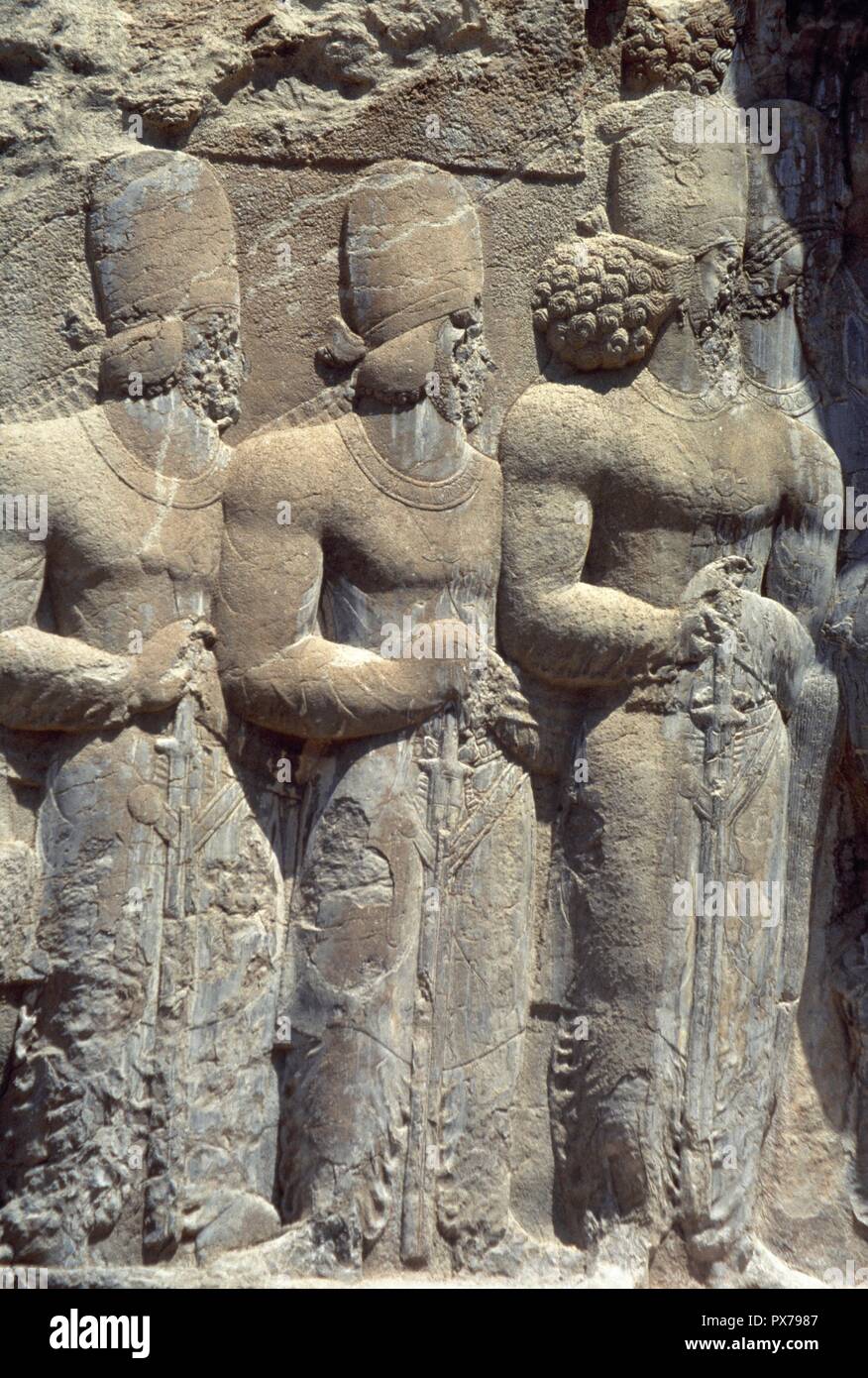 Sasanian Empire. 3rd century. Bas-relief depicting the Saphur I Parade, celebrating the king's military victory over the Roman Empire (244). Detail. Naqsh-e Rajab. Province of Fars. Islamic Republic of Iran. Stock Photo
