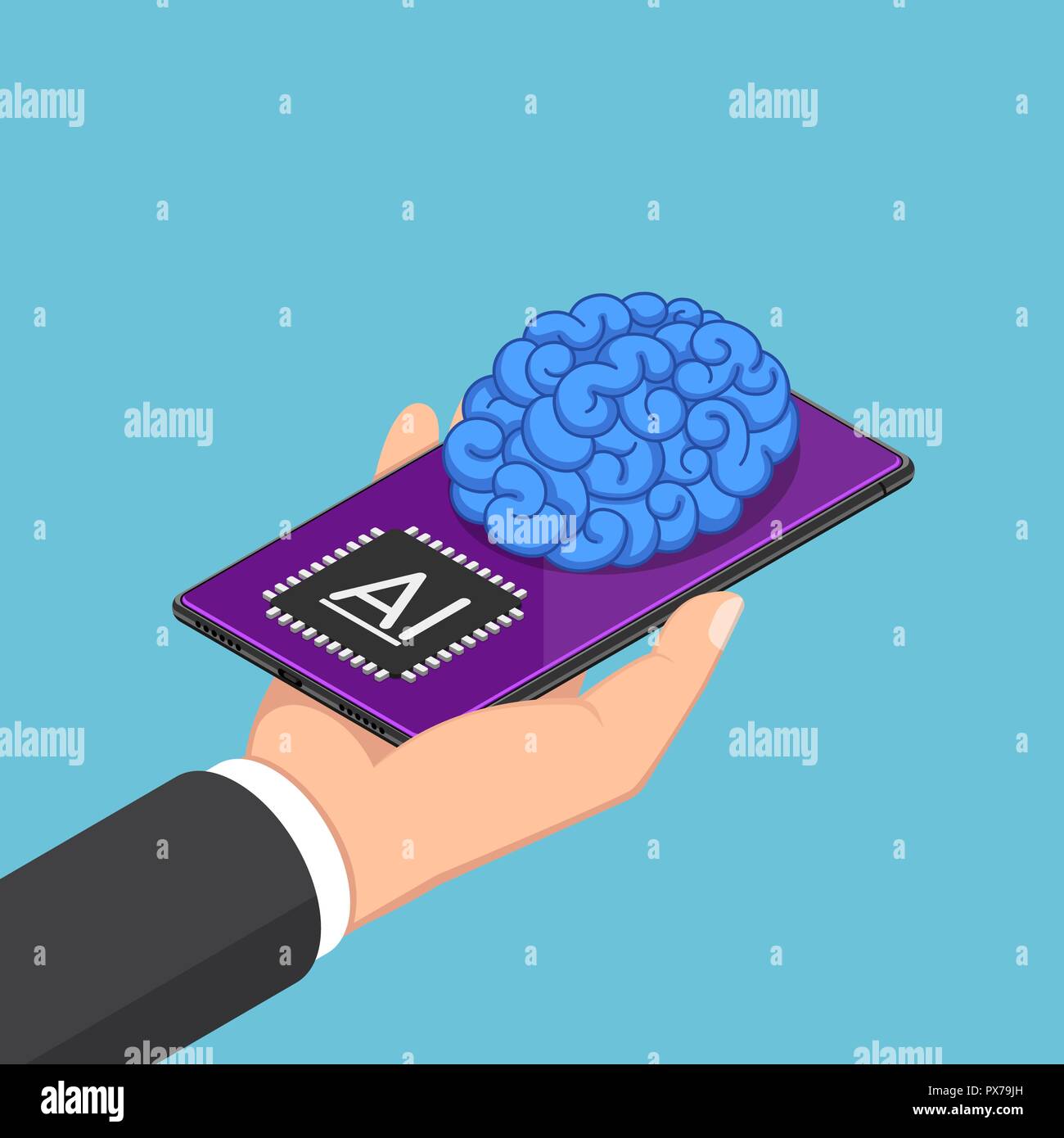 Flat 3d isometric businessman hand holding smartphone with AI brain. Artificial intelligence technology concept. Stock Vector