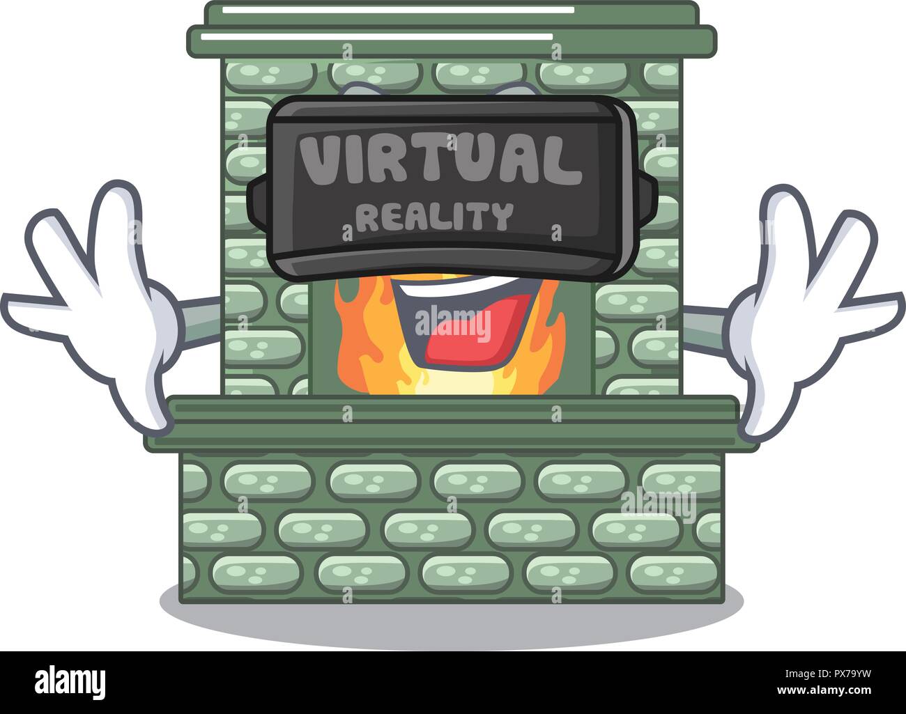 Virtual reality cartoon stone fireplace with the flame Stock Vector