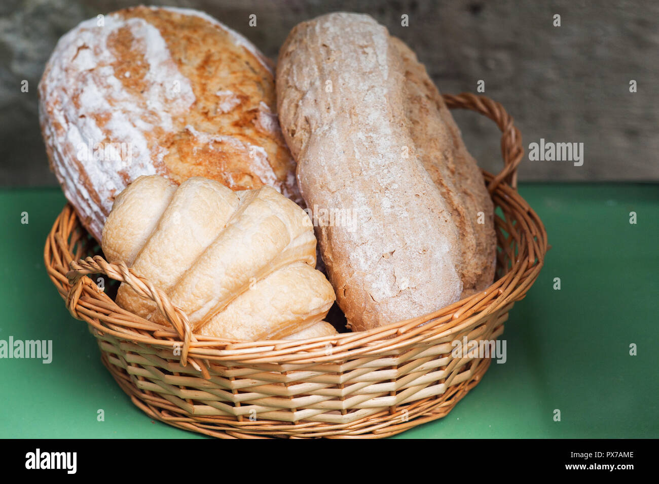 Bread in a basket in the baking shop. Bread Basket In A Window Stock Photo Alamy