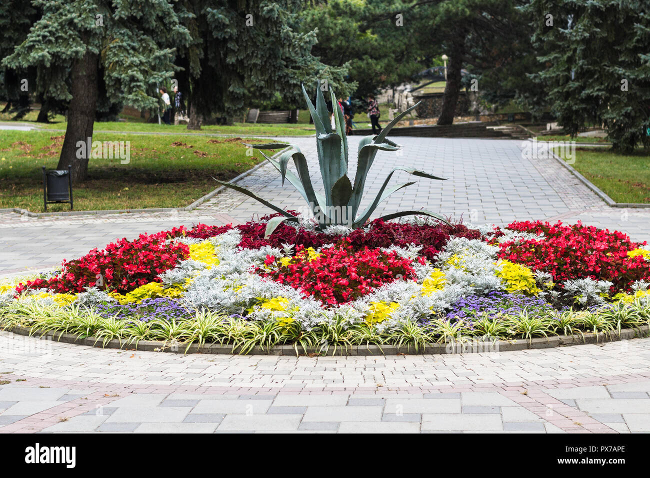 travel to Caucasian Mineral Waters region - flowerbed on Lenin Square in Pyatigorsk city Stock Photo