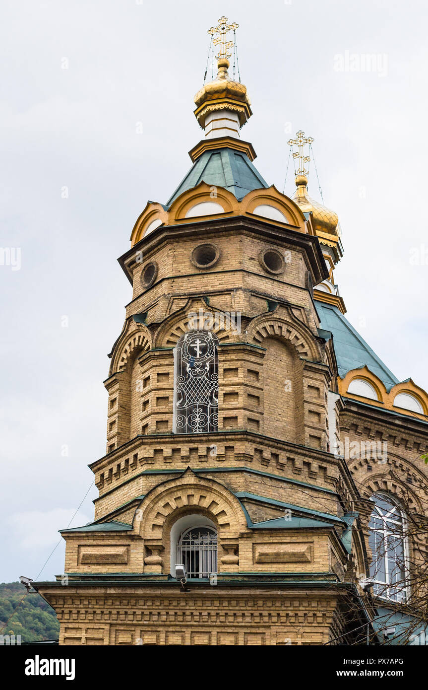 travel to Caucasian Mineral Waters region - tower of entrance of Orthodox Parish of the Temple of the Holy Righteous Lazarus Four Day in Pyatigorsk ci Stock Photo