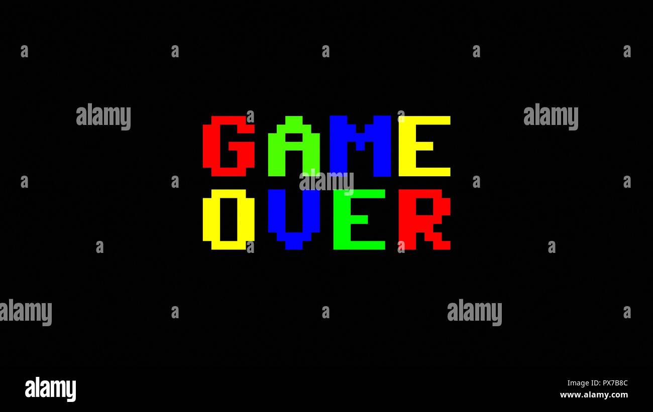 A simple plain Game Over screen, with carousel colors (red, green, blue, yellow). Small characters. Stock Photo