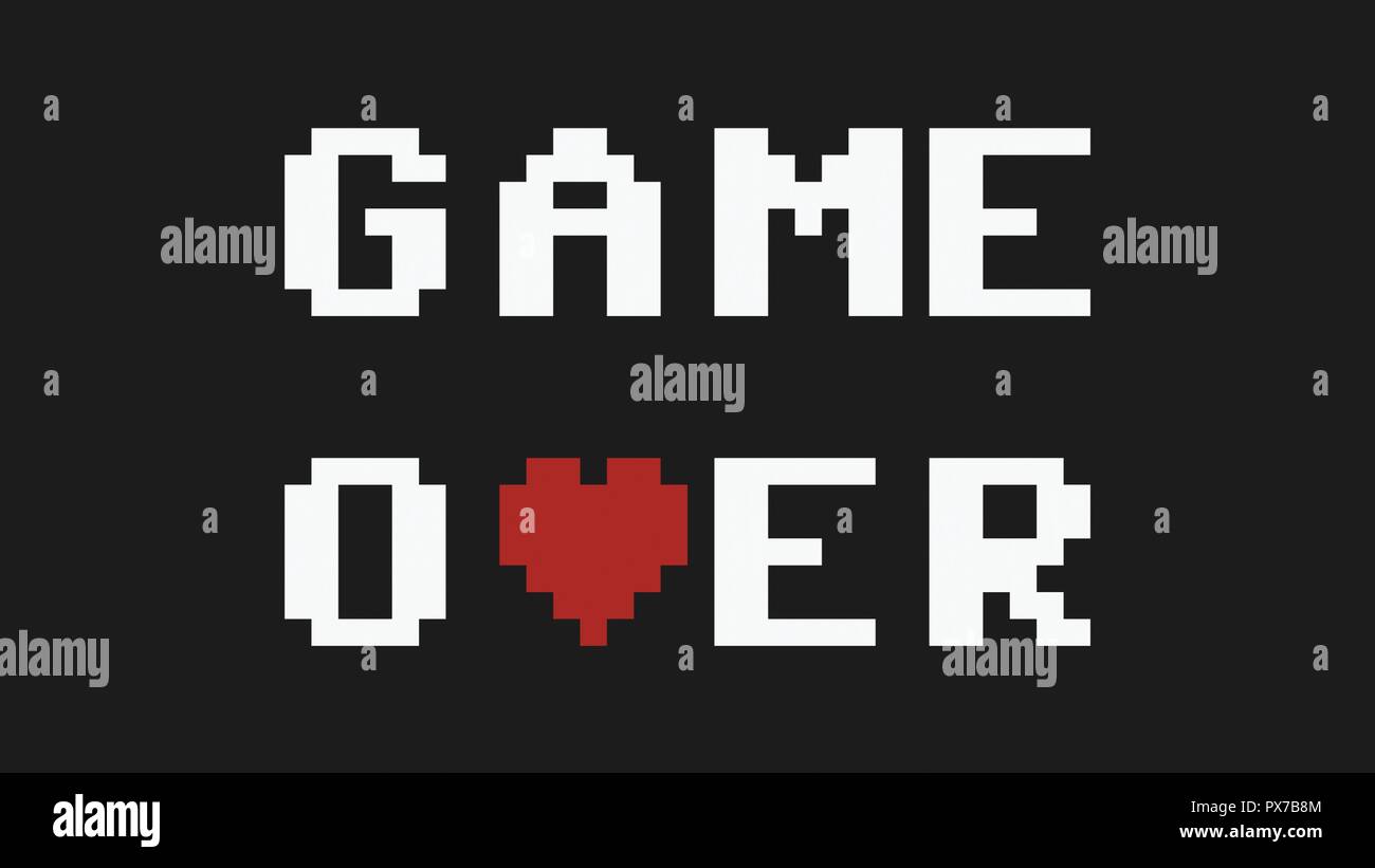 A cute gentle Game Over text message on a computer screen, 8 bit blocky characters with a red heart replacing a letter. Stock Photo