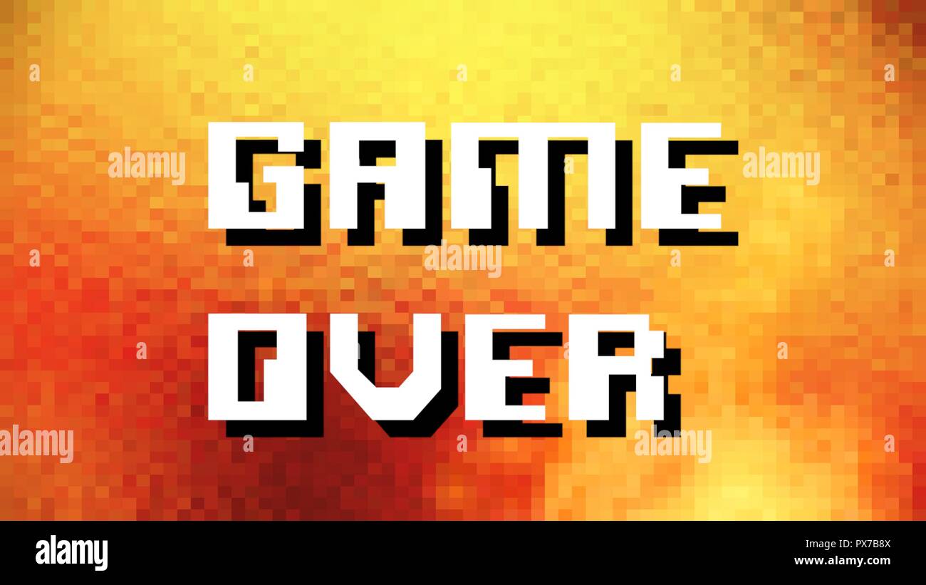 A vintage game over screen on a pixelated fire flames background. Stock Photo