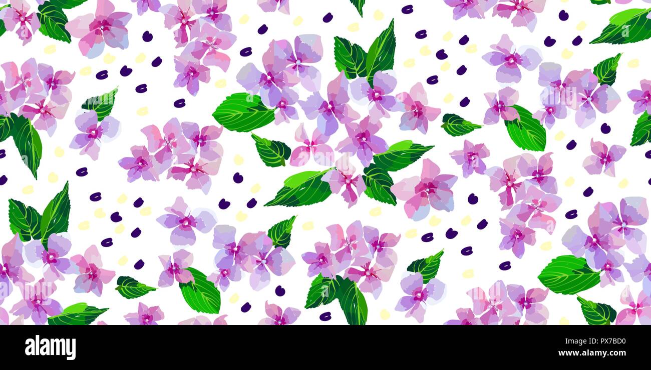 Lilac wild flowers seamless pattern. Small flowers and leaves hand ...