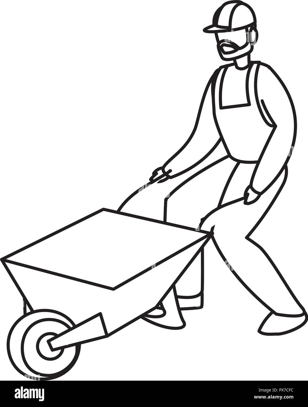 builder with wheelbarrow over white background, vector illustration ...