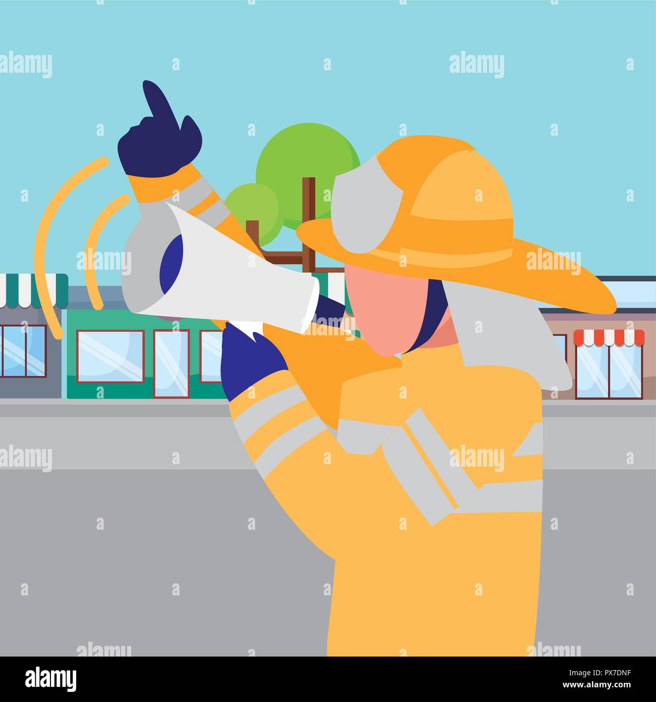 avatar fireman with megaphone over city buildings background, vector ...