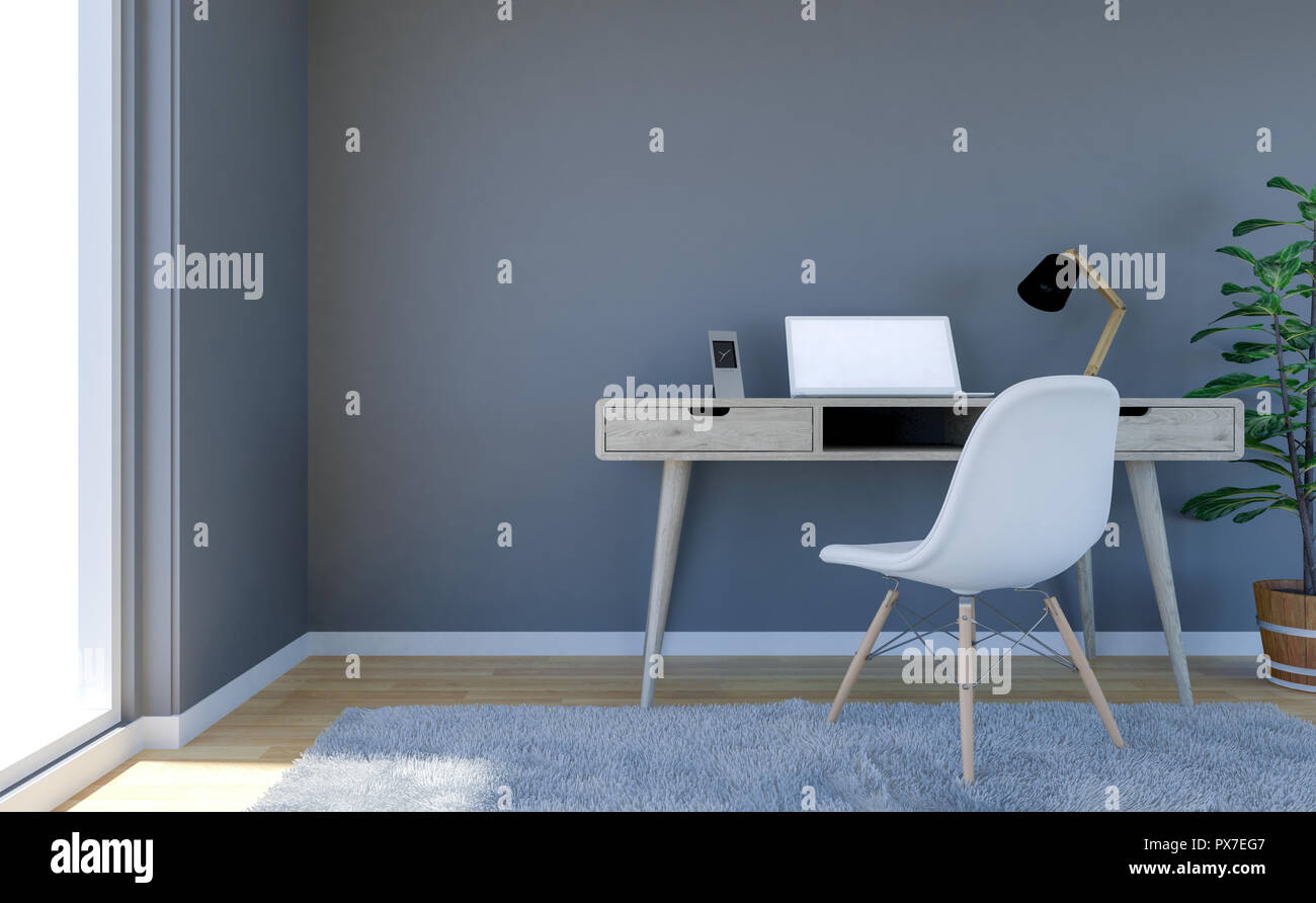 Contemporary Living Room Interior With Grey Empty Wall And Working