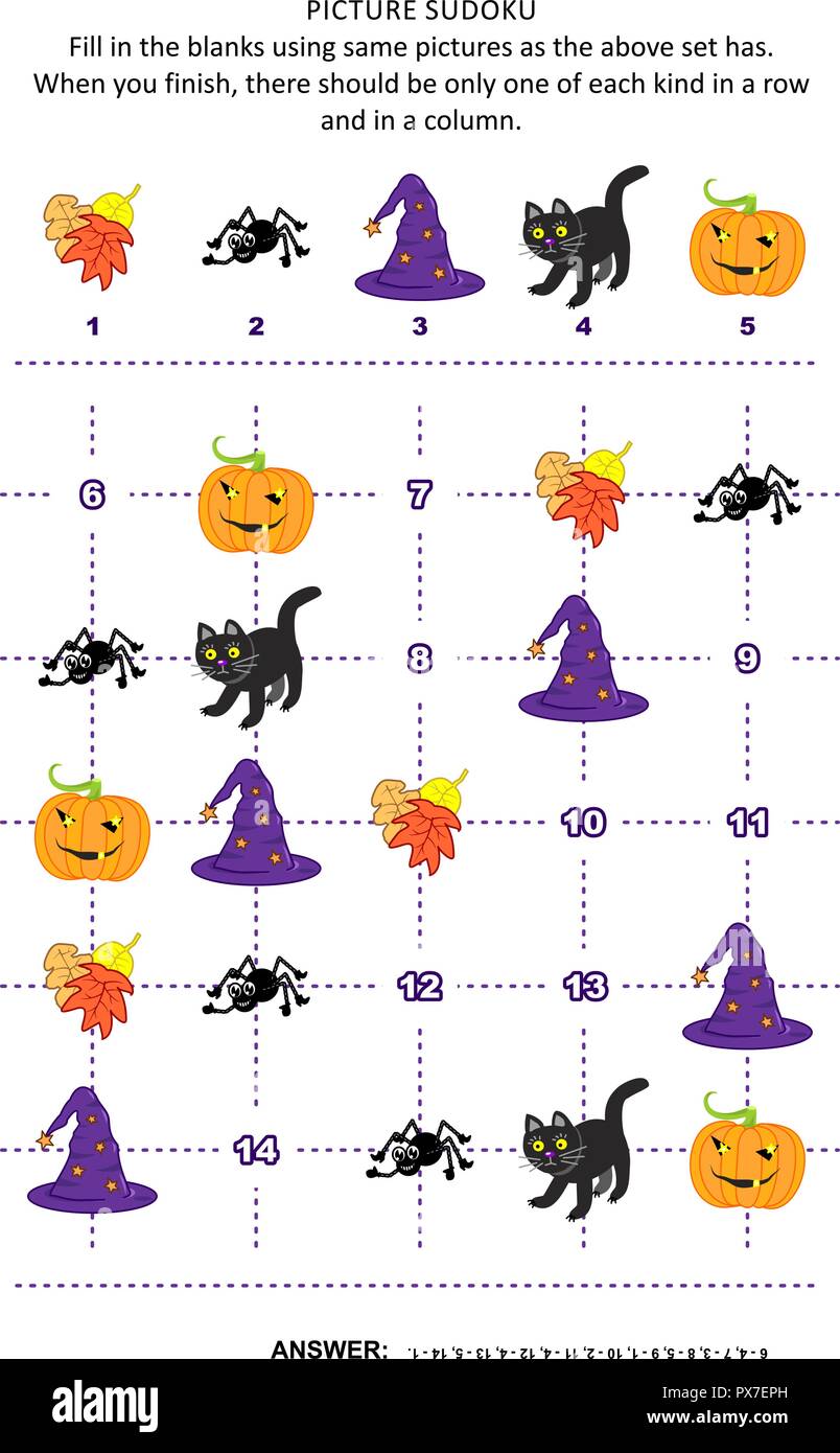 Halloween festival themed picture sudoku puzzle 5x5 (one block) with pumpkin, black cat, spider, autumn leaves, witch's hat. Answer included. Stock Vector
