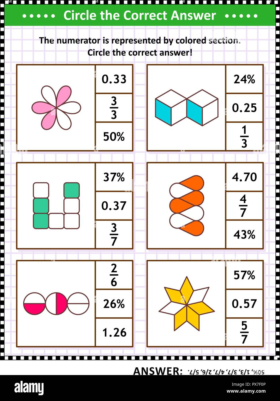 Math skills training visual puzzle or worksheet. Circle the correct answer. Find the number equivalent for each pictorial fraction representation. Answer included. Stock Vector