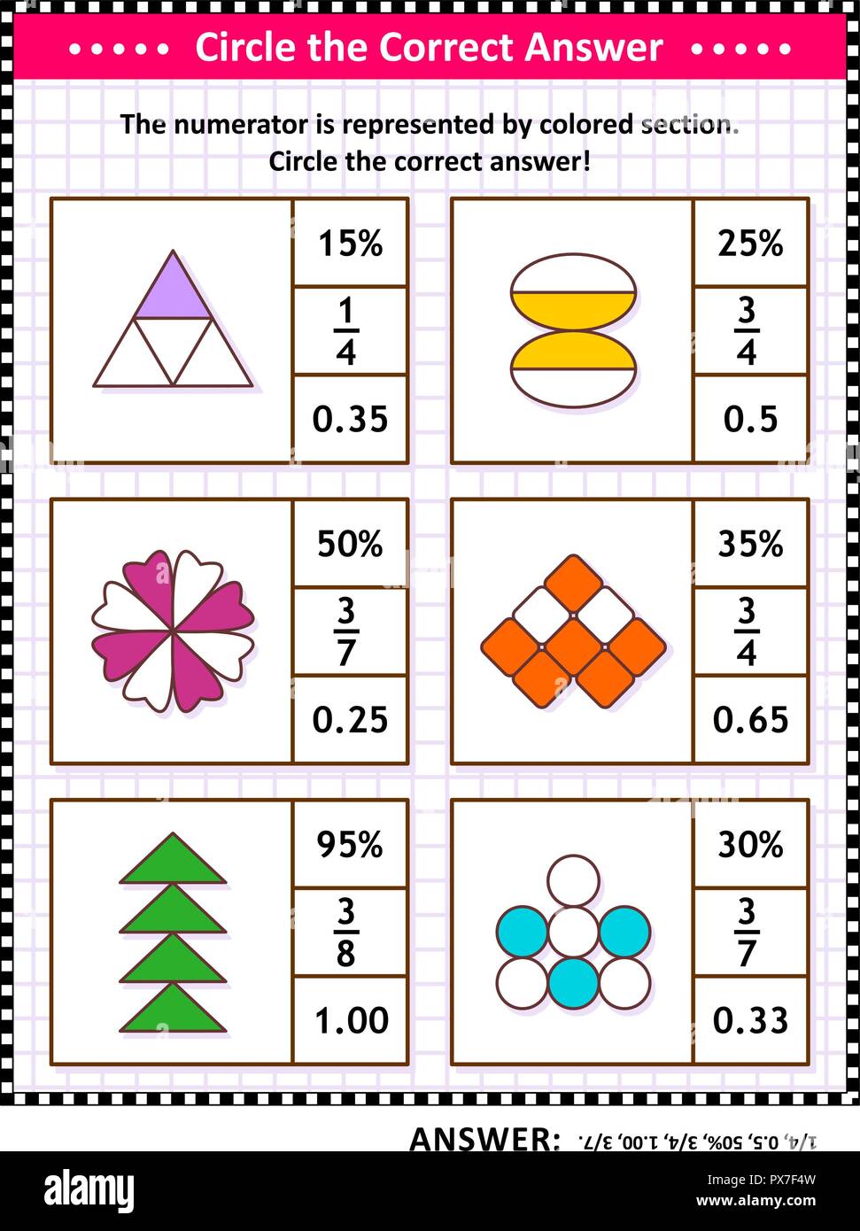 Math skills training visual puzzle. Circle the correct answer. Find the number equivalent for each pictorial fraction representation. Answer included. Stock Vector