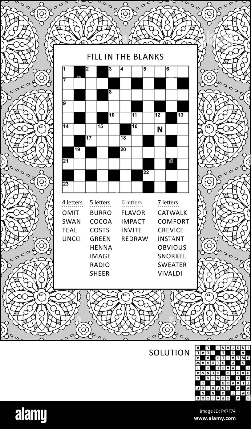 Puzzle and coloring activity page for grown-ups with criss-cross, or fill in, else kriss-kross word game and wide decorative frame to color. Answer included. Stock Vector