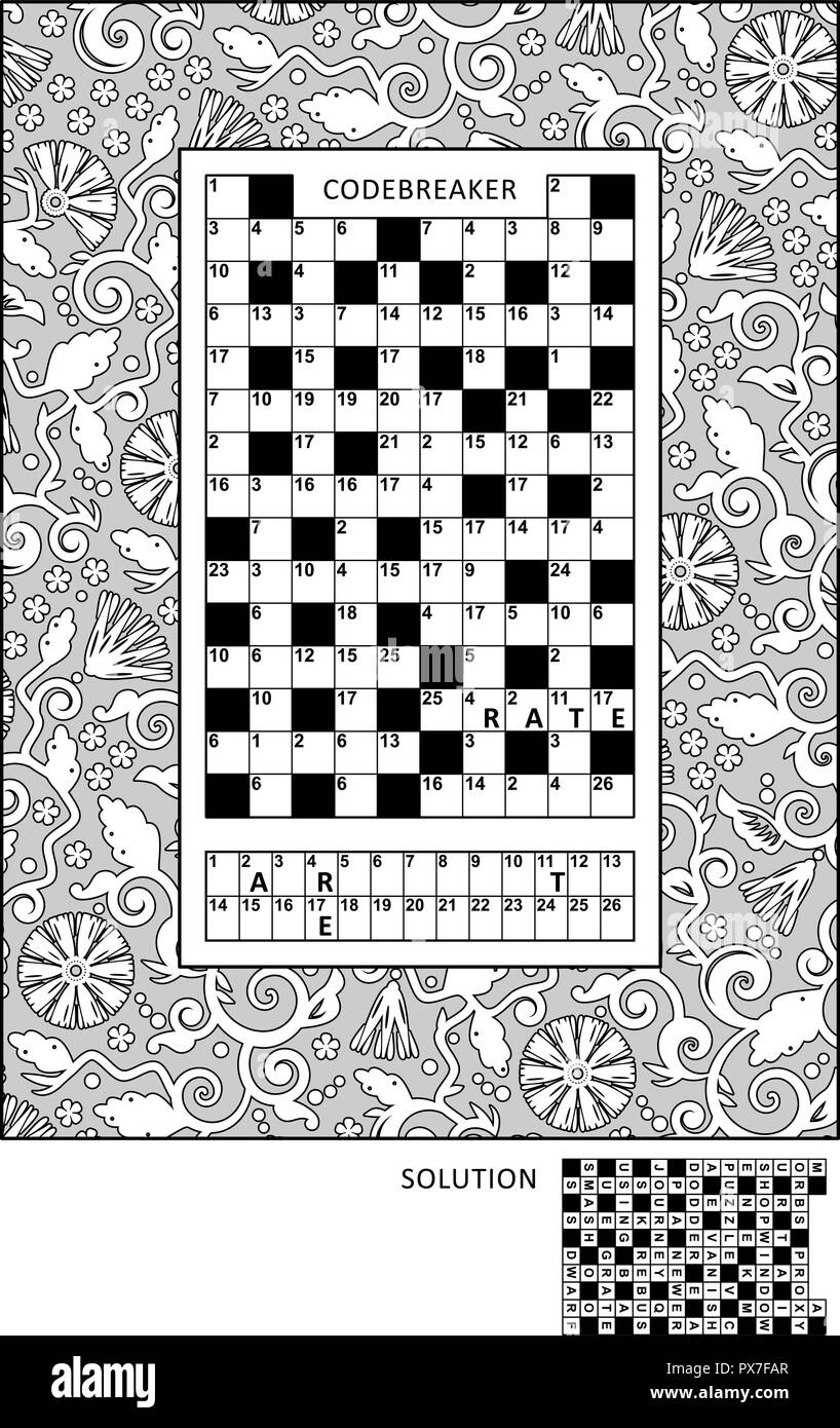 Puzzle and coloring activity page for grown-ups with codebreaker, or codeword, else code cracker word game (English) and wide decorative frame to color. Stock Vector