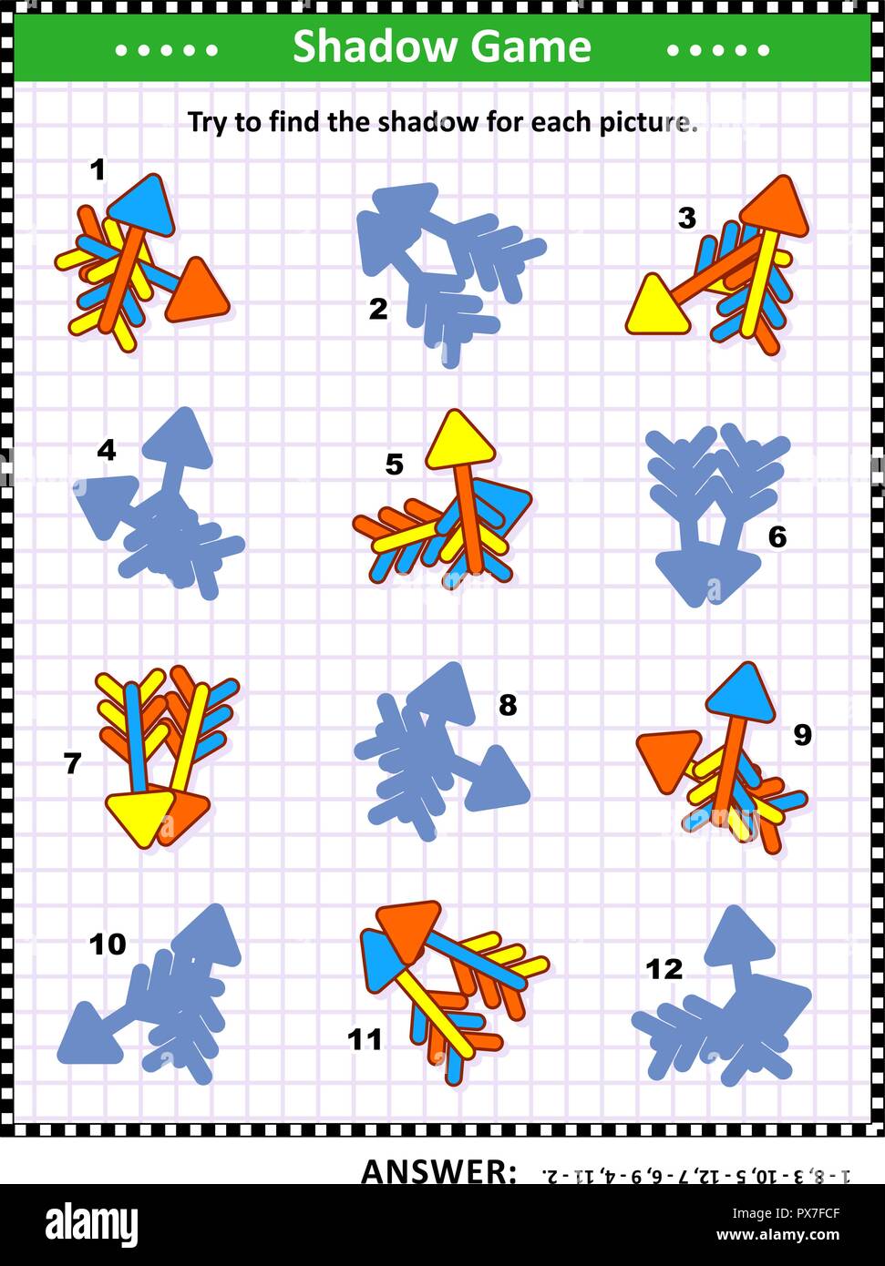 Shadow matching visual puzzle Match the pictures of colorful arrows to