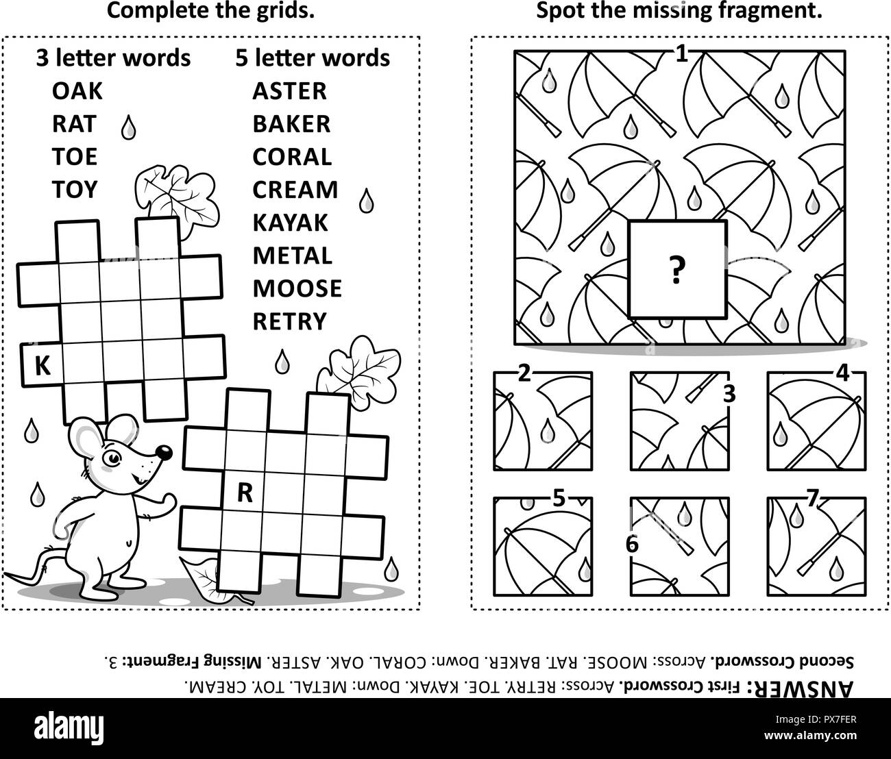 Activity page with two puzzles. Fill-in crossword puzzle or word game. Spot the missing fragment of the pattern. Black and white. Answers included. Stock Vector
