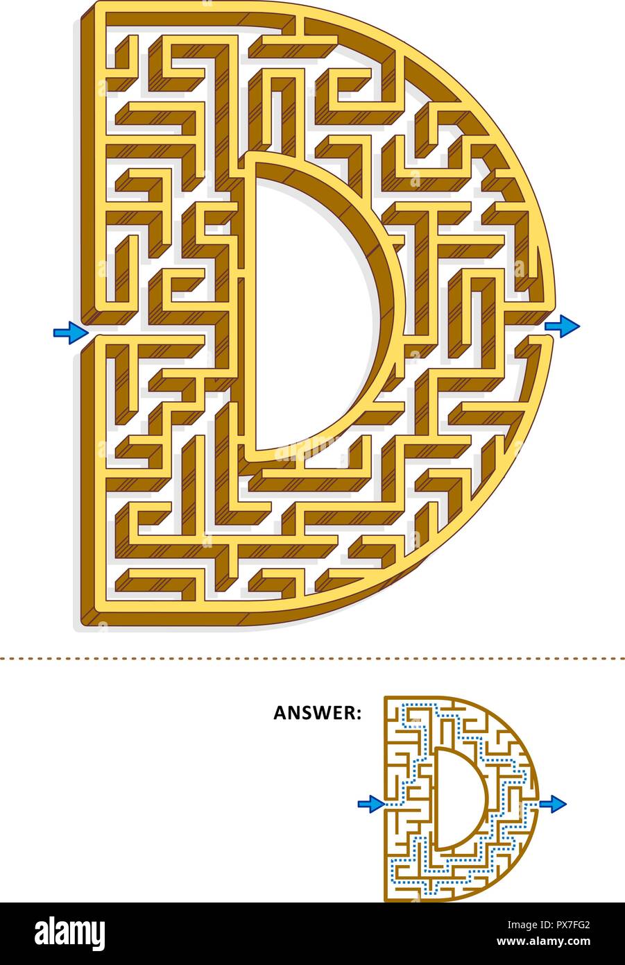 Learning alphabet activity - letter D three-dimensional maze. Use it as is or add fun cartoon characters. Answer included. Stock Vector