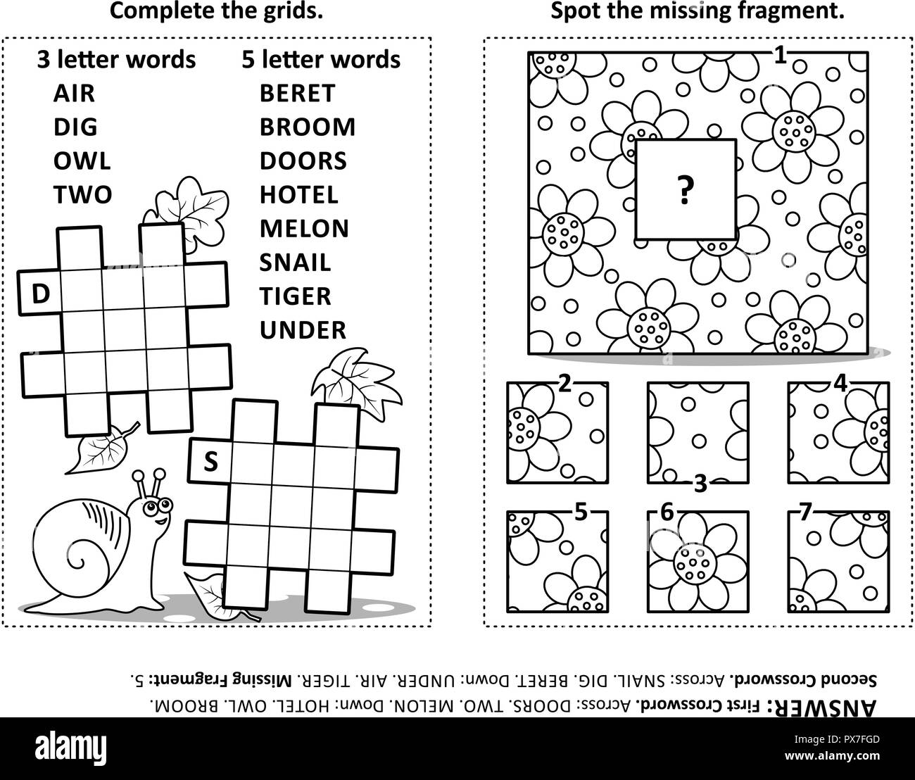 Activity page with two puzzles. Fill-in crossword puzzle or word game. Spot the missing fragment of the pattern. Black and white. Answers included. Stock Vector