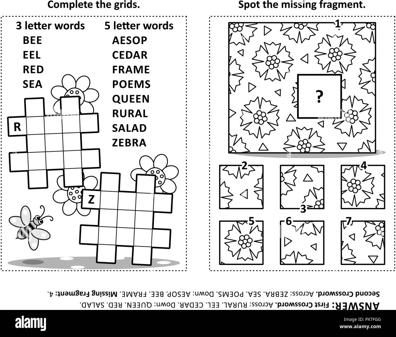 Activity page with two puzzles. Fill-in crossword puzzle or word game. Spot the missing fragment of the pattern. Black and white. Answers included. Stock Vector