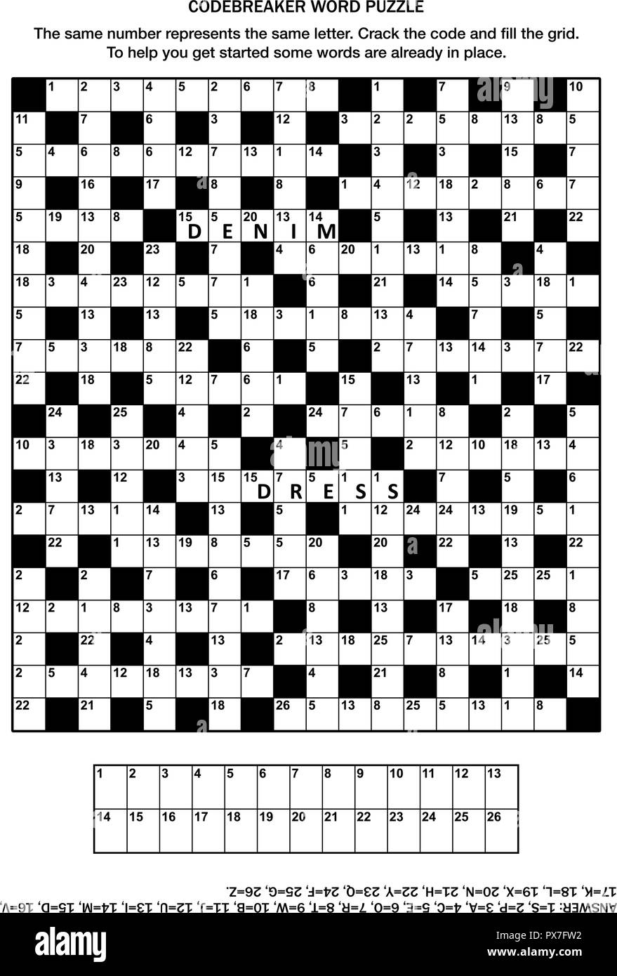 Puzzle page with codebreaker (codeword, code cracker) word game or crossword puzzle Stock Vector