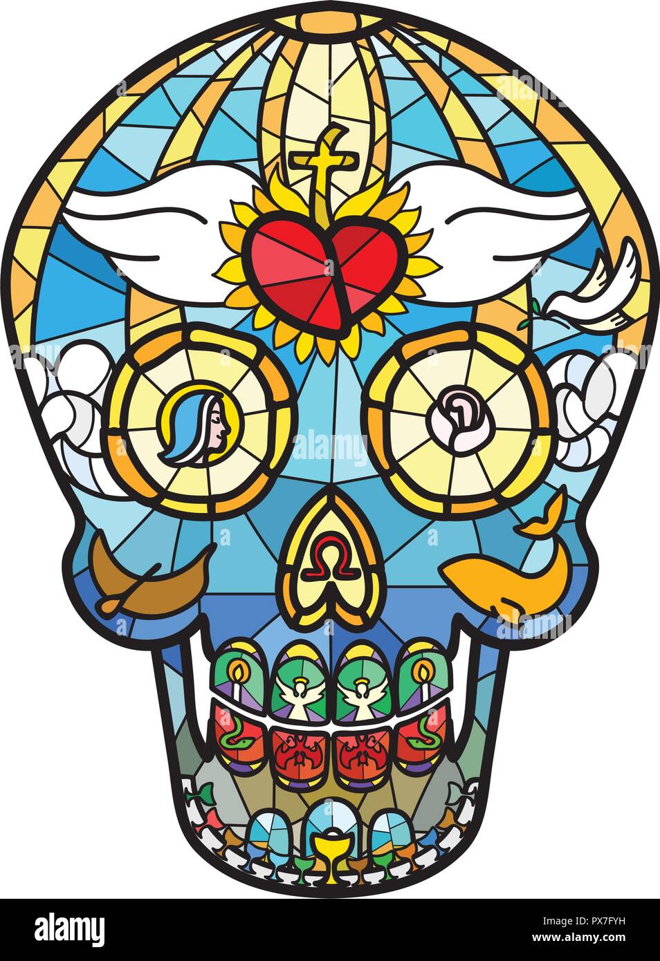 Mexican Calavera Skull in stained glass theme Stock Vector