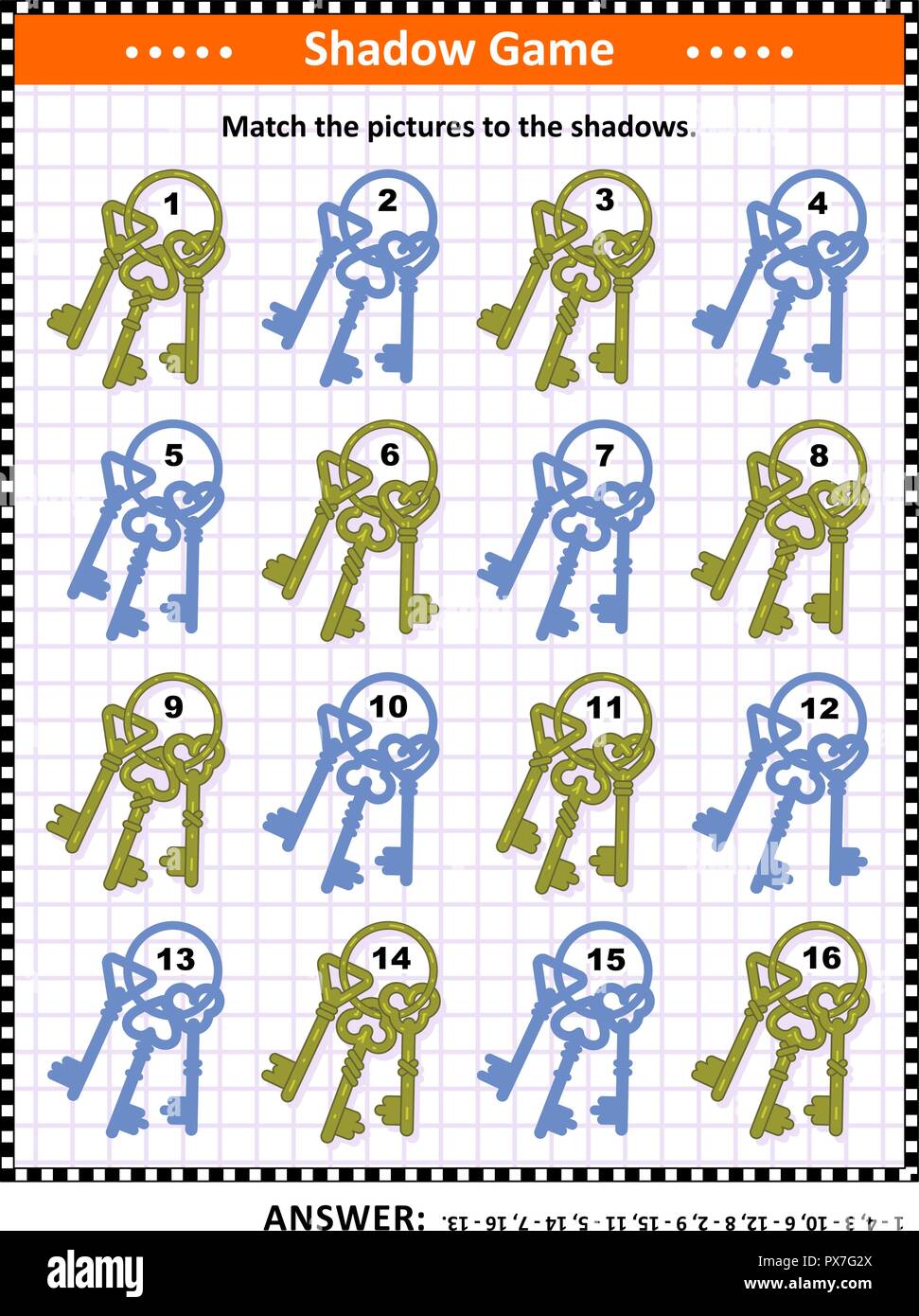 Shadow matching visual puzzle Match the pictures of key bunches to their shadows. Answer