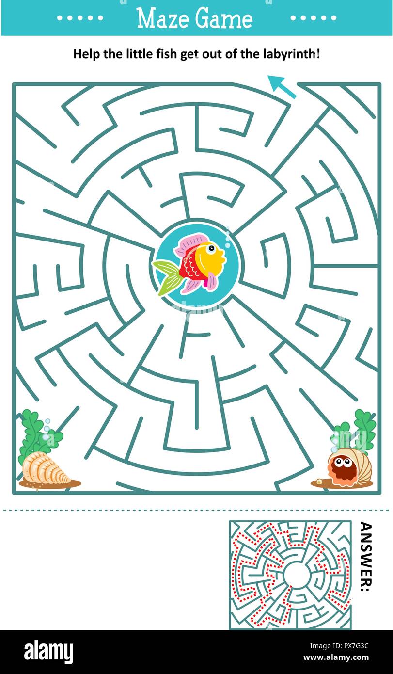 Maze game: Help the little fish get out of the labyrinth. Answer ...