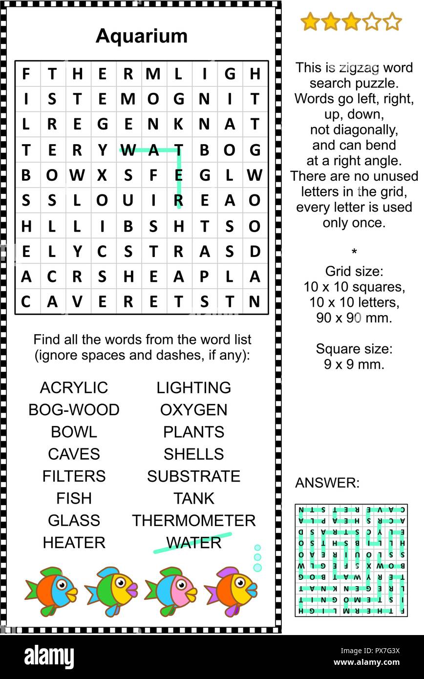 Aquarium themed zigzag word search puzzle (suitable both for kids and