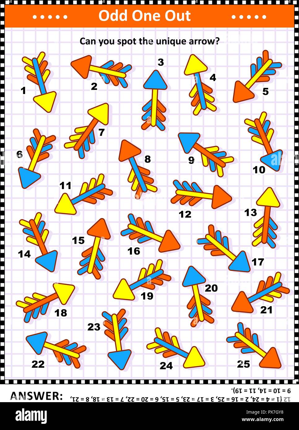 IQ training visual puzzle with colorful arrows (suitable both for kids and adults): Spot the odd one out. Find the unique arrow. Answer included. Stock Vector