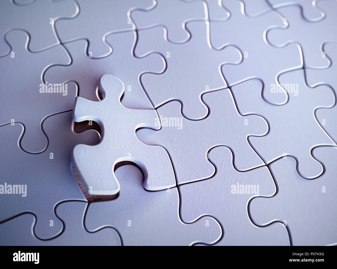 Blank puzzle with one featured piece. Concept of solution and highlight. Stock Photo
