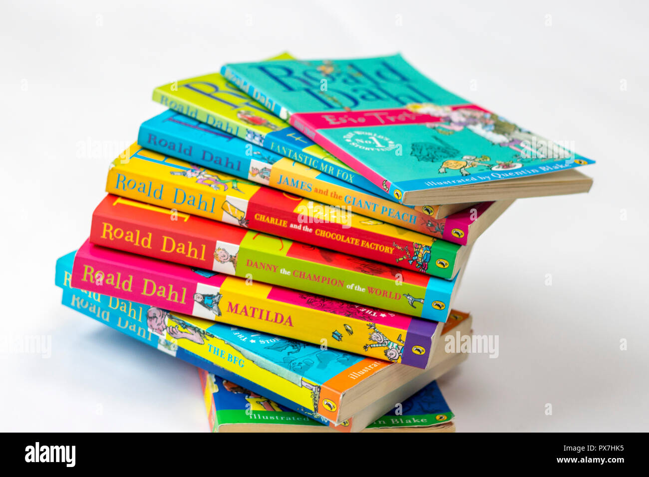 stack pile of childrens books, kids books, children favourites, roald dahl book, matilda bfg chocolate factory witches, kids favourite author classics Stock Photo