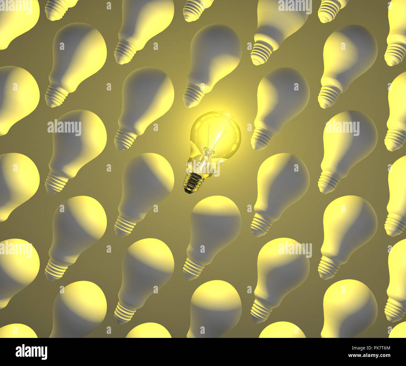 Light bulb idea, 3d. Only one glowing light bulb in a row with other