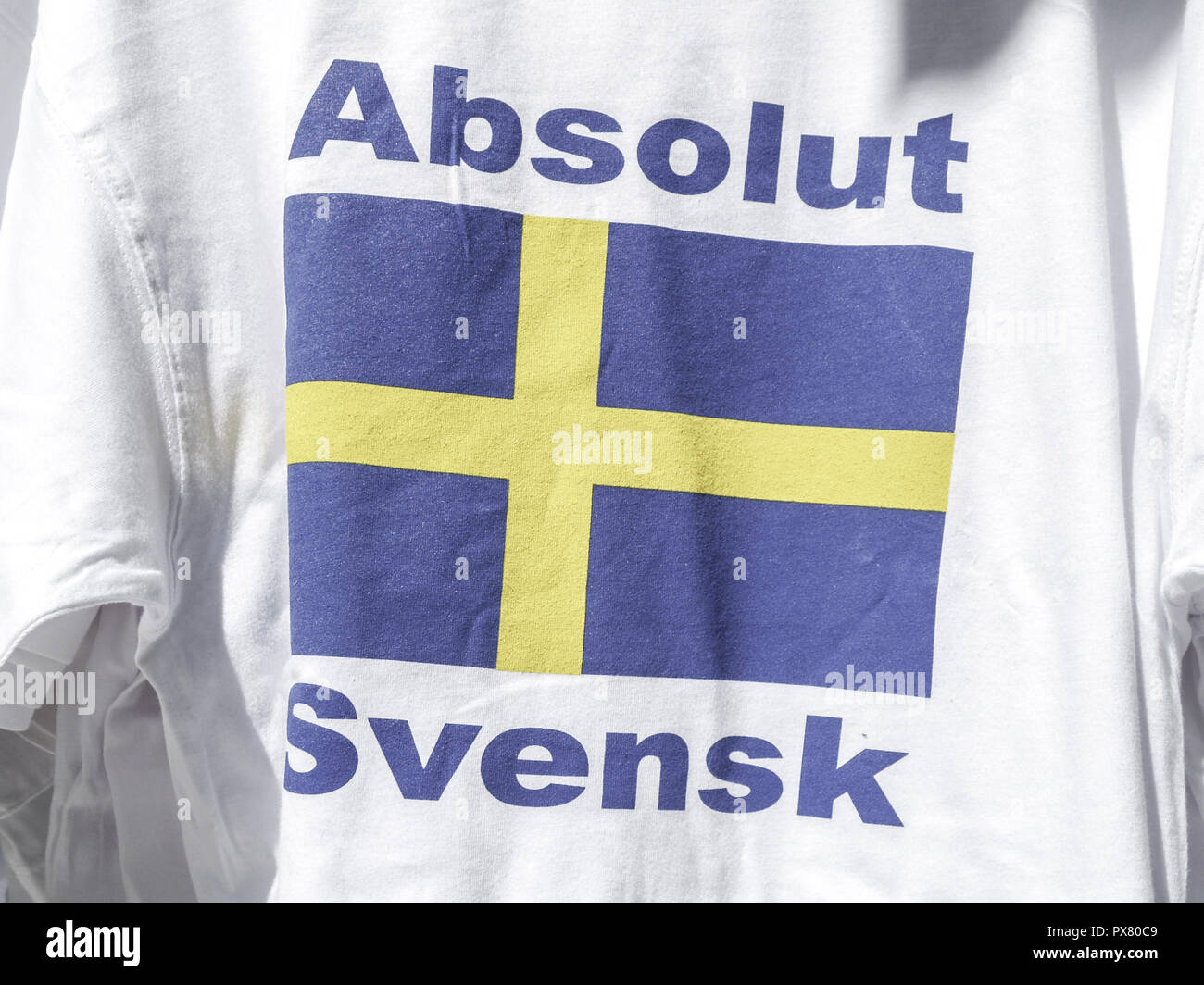 Stockholm, t-shirt Absolut Svensk, Absolutly swedish, Sweden,  Drottningsgatan Stock Photo - Alamy