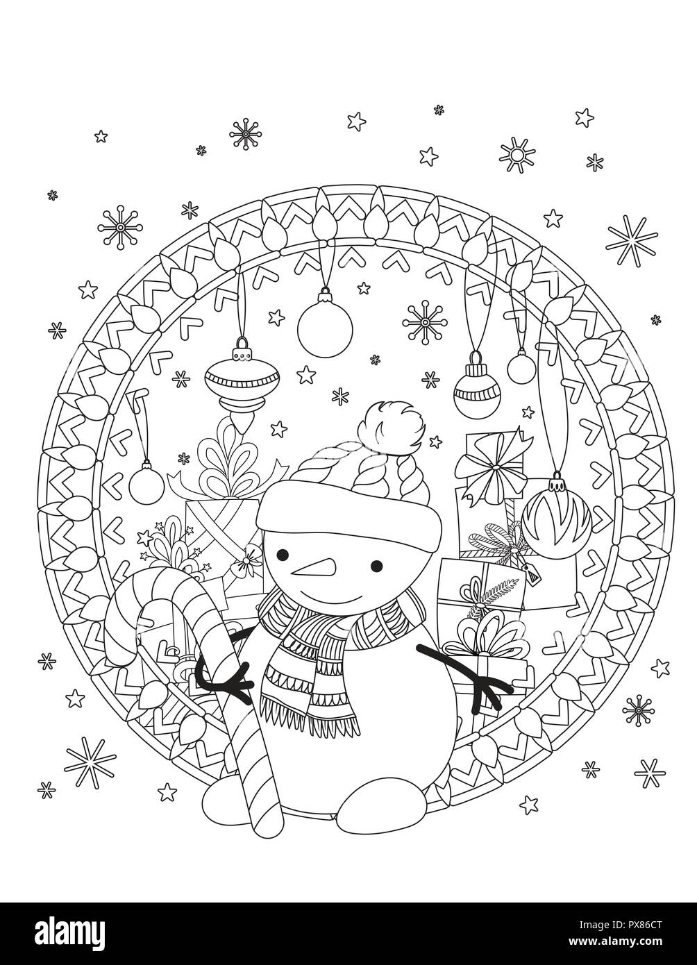 Christmas coloring page. Adult coloring book. Cute snowman with scarf and knitted cap. Holiday decoration and pile of presents. Hand drawn outline vector illustration. Stock Vector